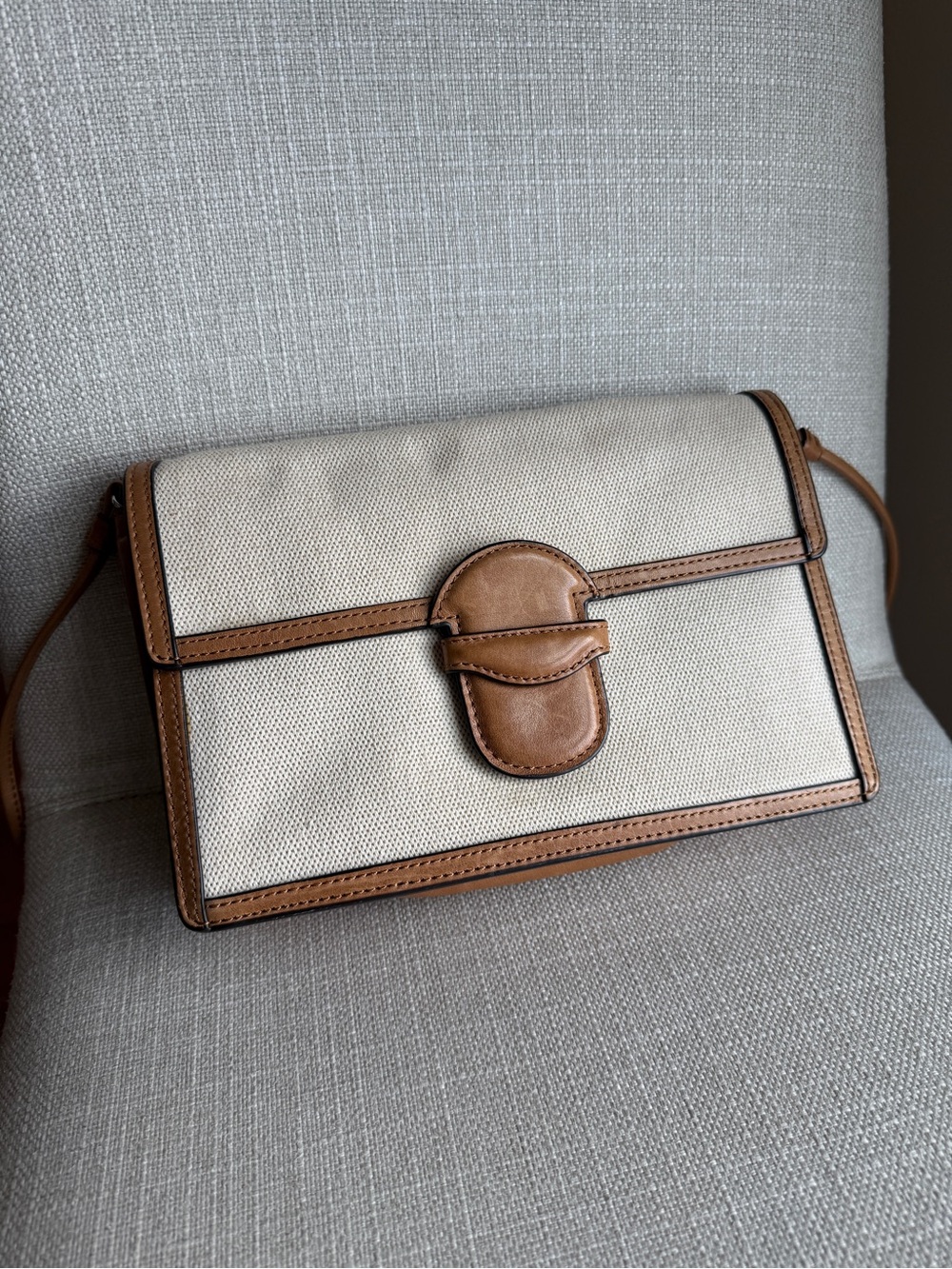 Club Monaco Cream Canvas Shoulder Bag with Tan Leather Trim
